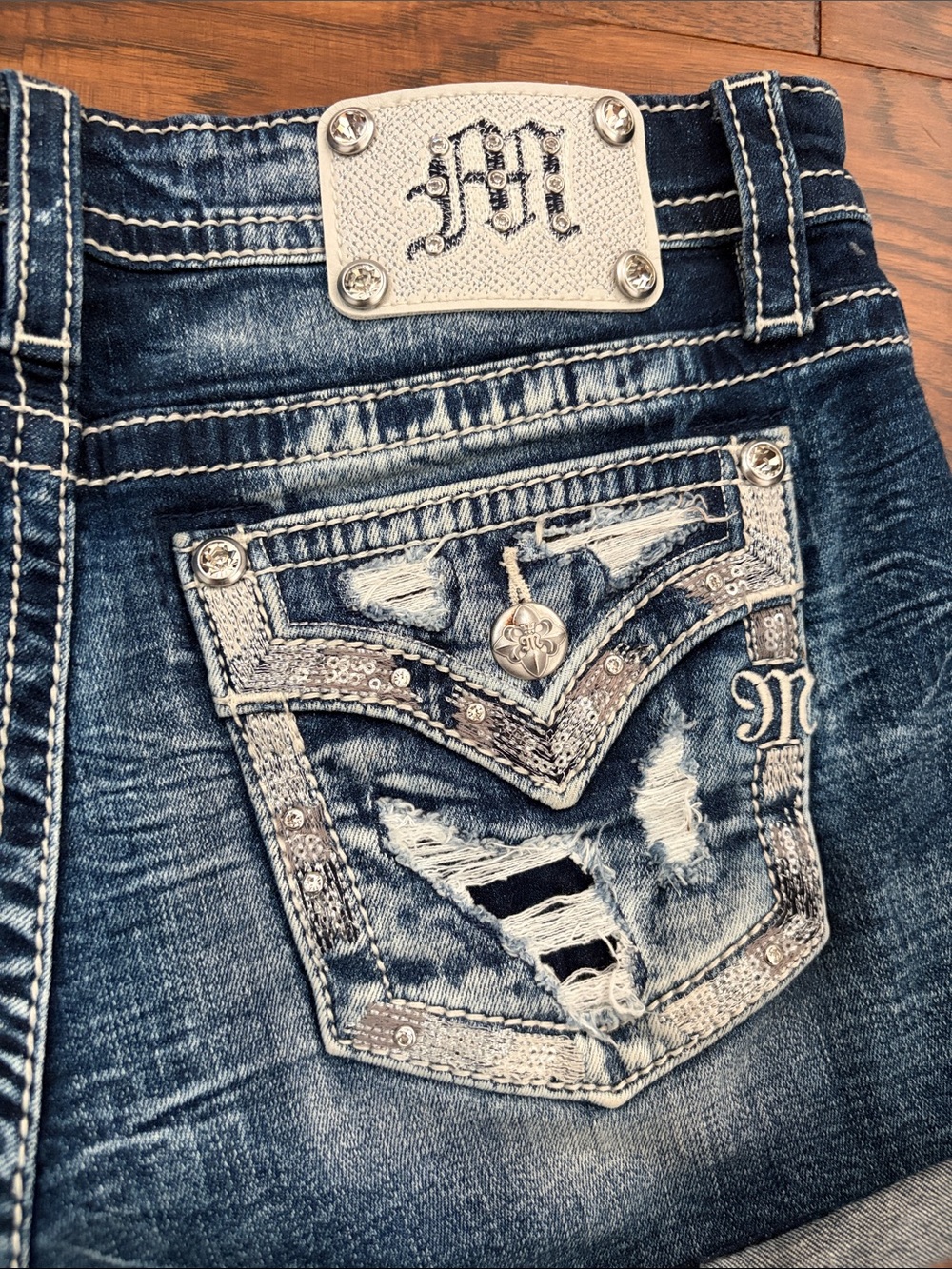 Miss Me Distressed Embellished Denim Shorts - Blue